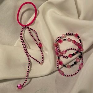 Handmade Jewelry Bracelet 3 Stack & Bead Enhanced Hair Elastic Pink & Black